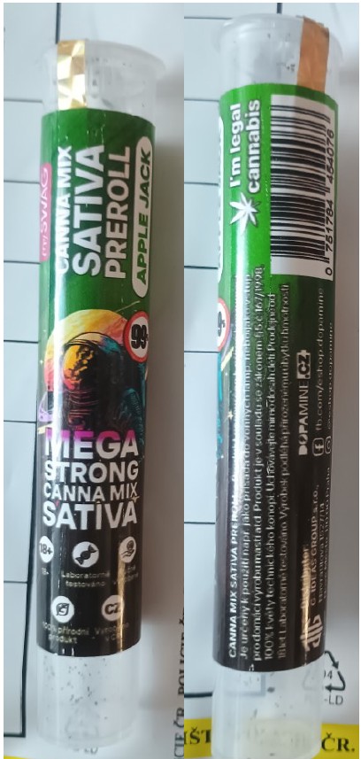 Bylinný výrobek určený ke kouření: Předbalený kuřácký výrobek „Joint“ zn. my SWAG, CANNA MIX SATIVA PREROLL Apple JACK, I´m legal cannabis: Fotografie